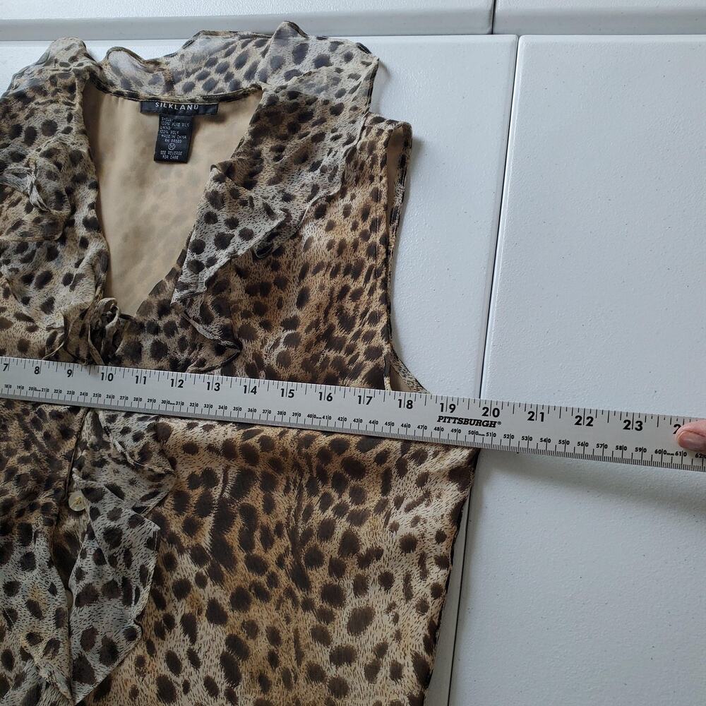 90s Silkland Blouse Womens Medium Brown Leopard Silk Ruffle Sleeveless Top - Picture 7 of 9